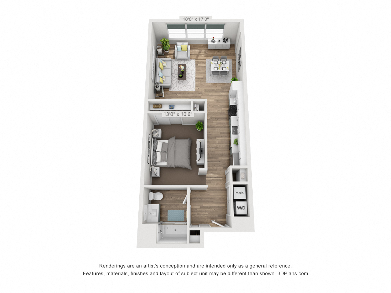 Floor plan for 1 bed, 1 bath, 820 sqft